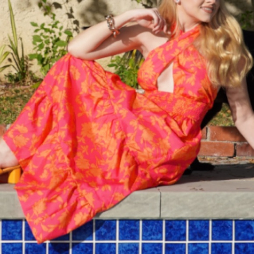 Luxedo Asos orange and pink halter dress w stretchy back. Tiered ruffle